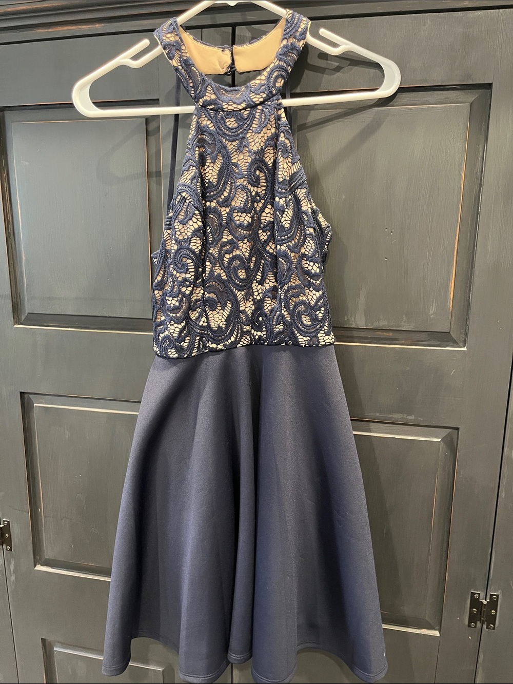 B Darlin Navy and Nude Lace Halter Formal Dress